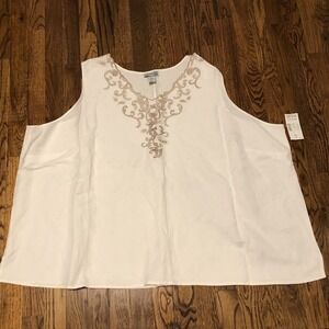 Maggie Barnes Catherines Tank Top Womens 5X White Linen Blend Embroidered Summer